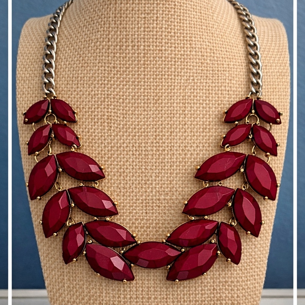 Burgundy Marquise Leaf Cluster Statement Necklace Bib